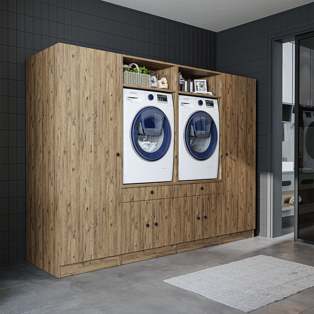 Roomart Waschmaschinenschrank SERIE 3 – 194 cm breit, 2× Waschmaschine nebeneinander mit Ausziehbrett & Hochschrank – Waschküche & Hauswirtschaftsraum – Eiche / Schwarz-Eiche / Weiß