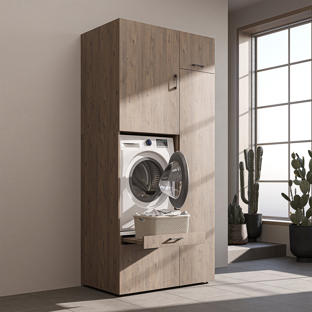 Roomart Waschmaschinenschrank mit Ausziehbrett, 112 cm breit - SERIE 2  – Waschmaschinenüberbau für Waschmaschine & Trockner, Waschturm-Schrank mit Stauraum für Bad & Waschküche