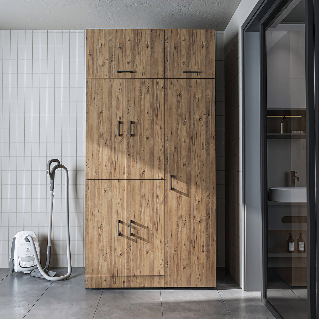 Roomart Waschmaschinenschrank „DORA 115 cm Breit“ für Waschmaschine & Trockner mit Regalböden, in 5 Farben • Weiß • Weiß Eiche • Anthrazit Eiche • Eiche • Schwarz Eiche