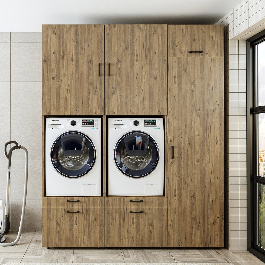 Roomart Waschmaschinenschrank Doppelschrank – SERIE 2 – Überbauschrank für Waschküche & Hauswirtschaftsraum – mit Ausziehbrett & Schubladen – in 3 Farben