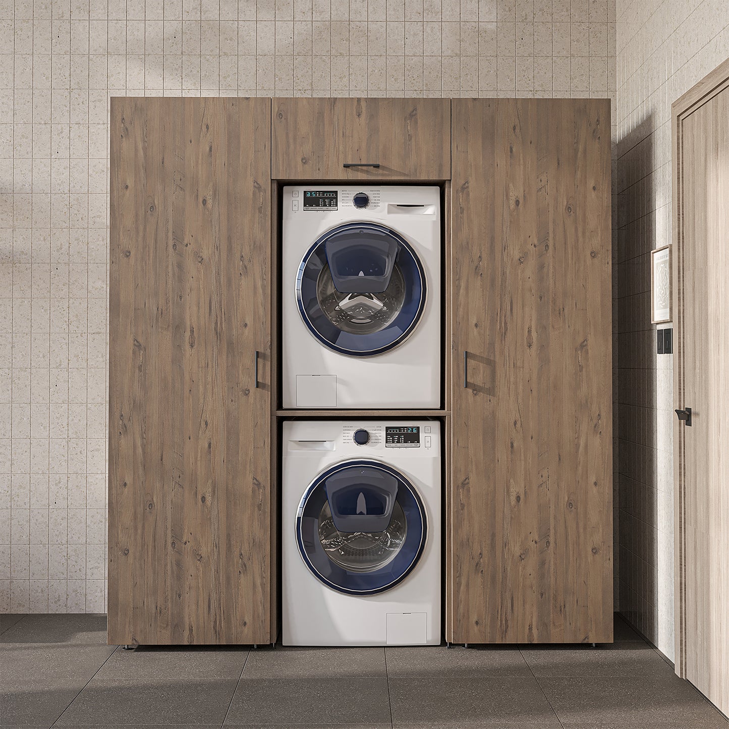 Roomart DUO-I Schrankwand 187 cm – Waschmaschine & Trockner übereinander & Hochschrank | in 3 Farben