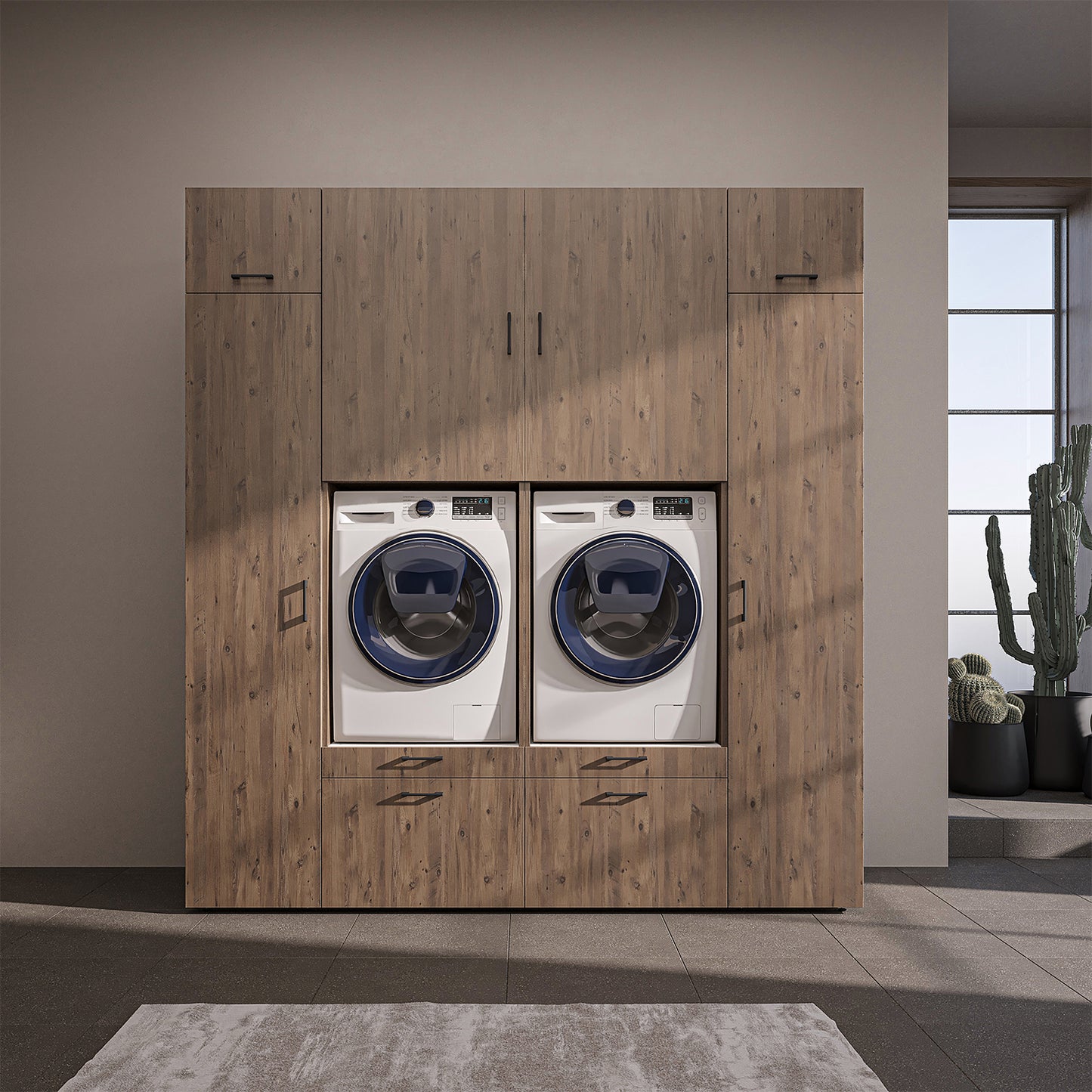 Roomart Waschmaschinenschrank SERIE 2 – Doppelschrank mit Seitenschränken, 3 Farben