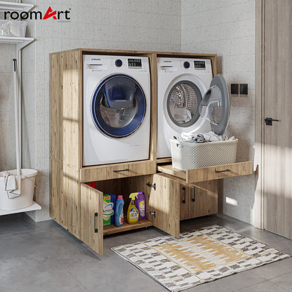 Roomart Waschmaschinenschrank - SERIE 3 –  134 cm breit, Doppelschrank Überbauschrank, mit Ausziehbrett, Waschturm für Waschmaschine & Trockner, in 3 Farben