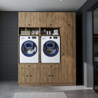 Roomart Waschmaschinenschrank SERIE 3 – 179 cm breit, 2× Waschmaschine nebeneinander mit Klappschrank, Ausziehbrett & Hochschrank – Waschküche & Hauswirtschaftsraum – Eiche / Schwarz-Eiche / Weiß