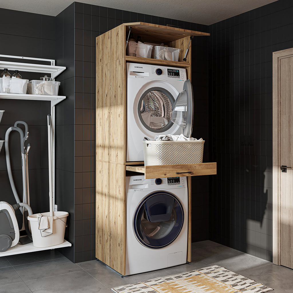 Roomart Waschmaschinenschrank für Trockner & Waschmaschine, in 3 Farben, mit Ausziehbrett • Weiß • Eiche • Schwarz Eiche - waschmaschinenuntergestelle, dämpfer waschmaschine, waschmaschinen aufsatz für trockner, unterschrank waschmaschine, kühlschrank erh