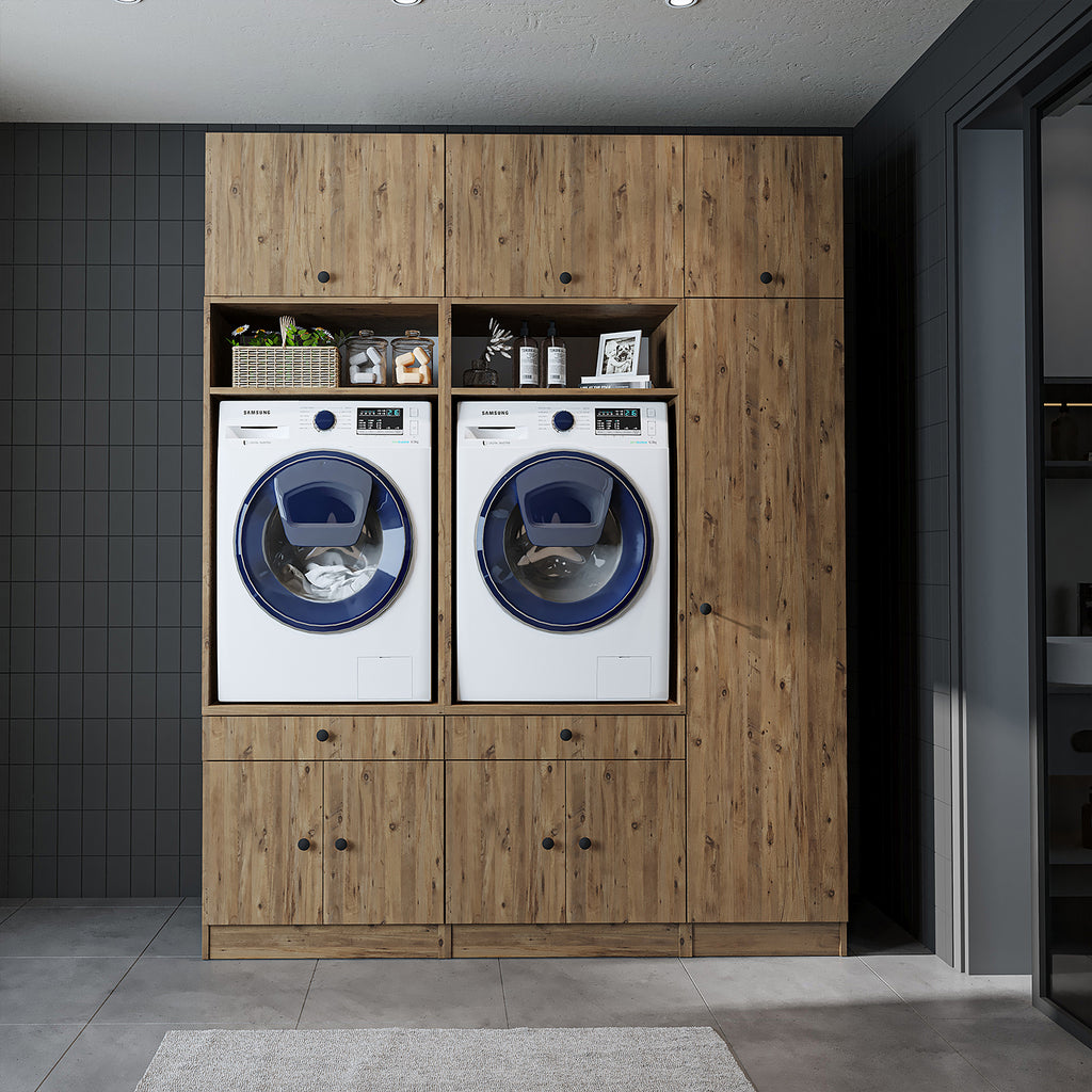 Mueble de pared Roomart para lavadero y cuarto de servicio, en 3 colores, 179 cm de ancho, Con estante extraíble - Blanco - Roble negro mueble para lavadora, estante para lavadora, torre de lavado, mueble, blanco, lavadoras, mueble bajo, lavadora, secadora, haush