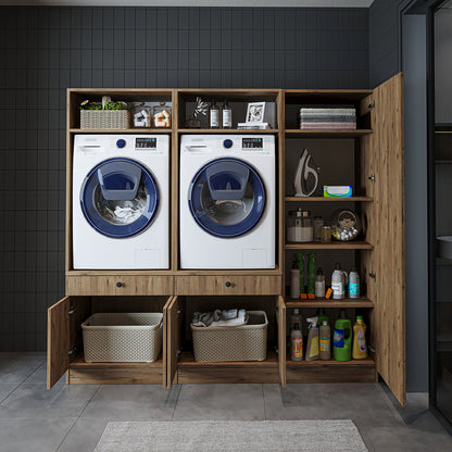 Roomart Waschmaschinenschrank SERIE 3 – 194 cm breit, 2× Waschmaschine nebeneinander mit Ausziehbrett & Hochschrank – Waschküche & Hauswirtschaftsraum – Eiche / Schwarz-Eiche / Weiß