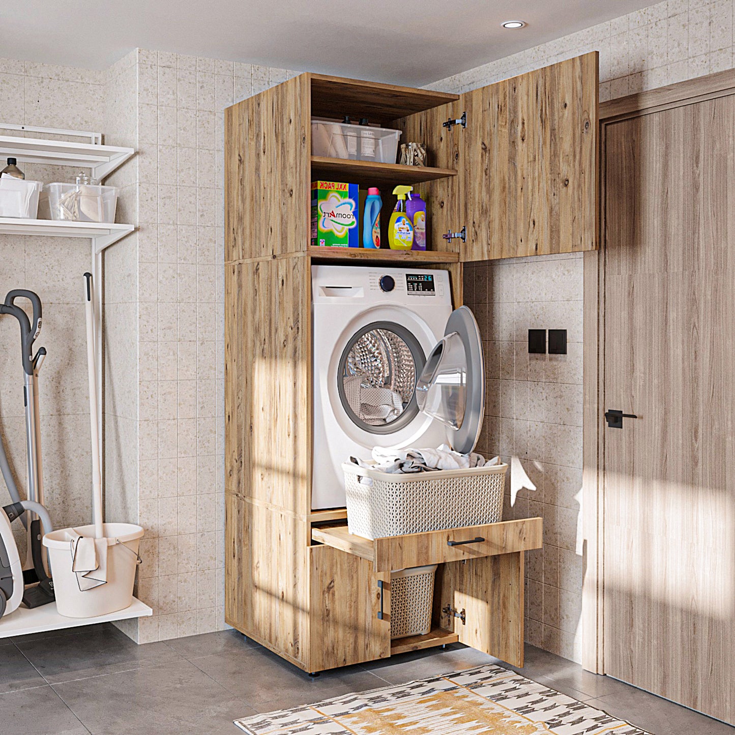 Roomart A3+B1 Waschmaschinenschrank 205 cm – Überbau, Ausziehbrett, Schublade | 3 Farben