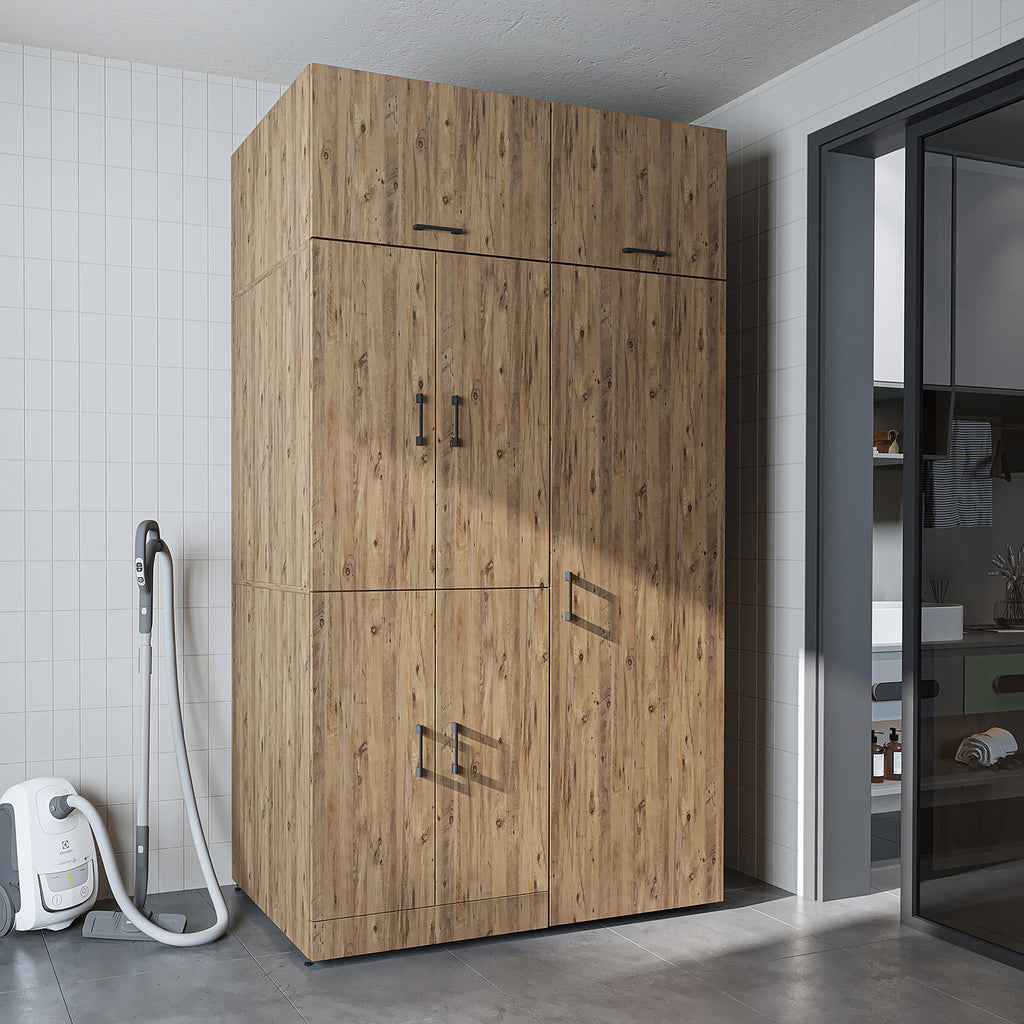 Roomart Waschmaschinenschrank „DORA 130 cm Breit“ für Waschmaschine & Trockner mit Regalböden, in 5 Farben • Weiß • Weiß Eiche • Anthrazit Eiche • Eiche • Schwarz Eiche (Kopie)