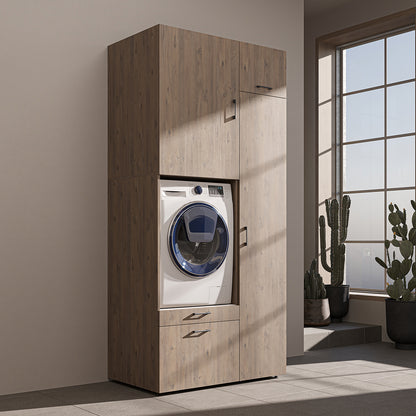 Roomart Waschmaschinenschrank mit Ausziehbrett, 112 cm breit - SERIE 2  – Waschmaschinenüberbau für Waschmaschine & Trockner, Waschturm-Schrank mit Stauraum für Bad & Waschküche