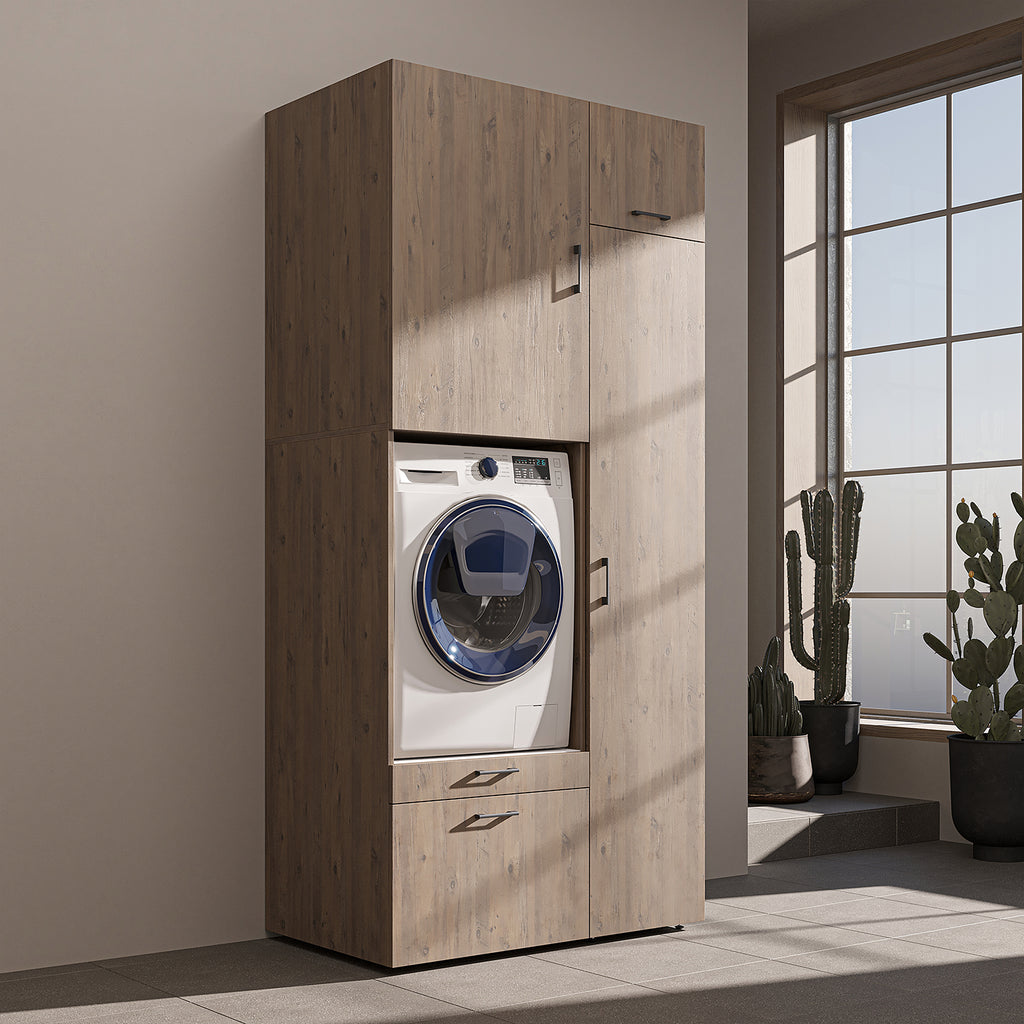 Roomart Waschmaschinenschrank mit Ausziehbrett, 112 cm breit - SERIE 2  – Waschmaschinenüberbau für Waschmaschine & Trockner, Waschturm-Schrank mit Stauraum für Bad & Waschküche