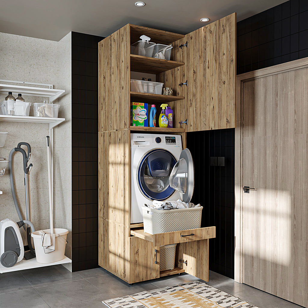 Roomart Waschmaschinenschrank mit Schrankaufsatz 95cm, HBT: 240x67x66,8 cm, Ausziehbrett, Eiche, Weiß, Schwarz eiche - waschmaschinenschrank, waschmaschinenregal, waschturm, schrank, weiß, waschmaschinen, unterschrank, waschmaschine, trockner, haushaltssc