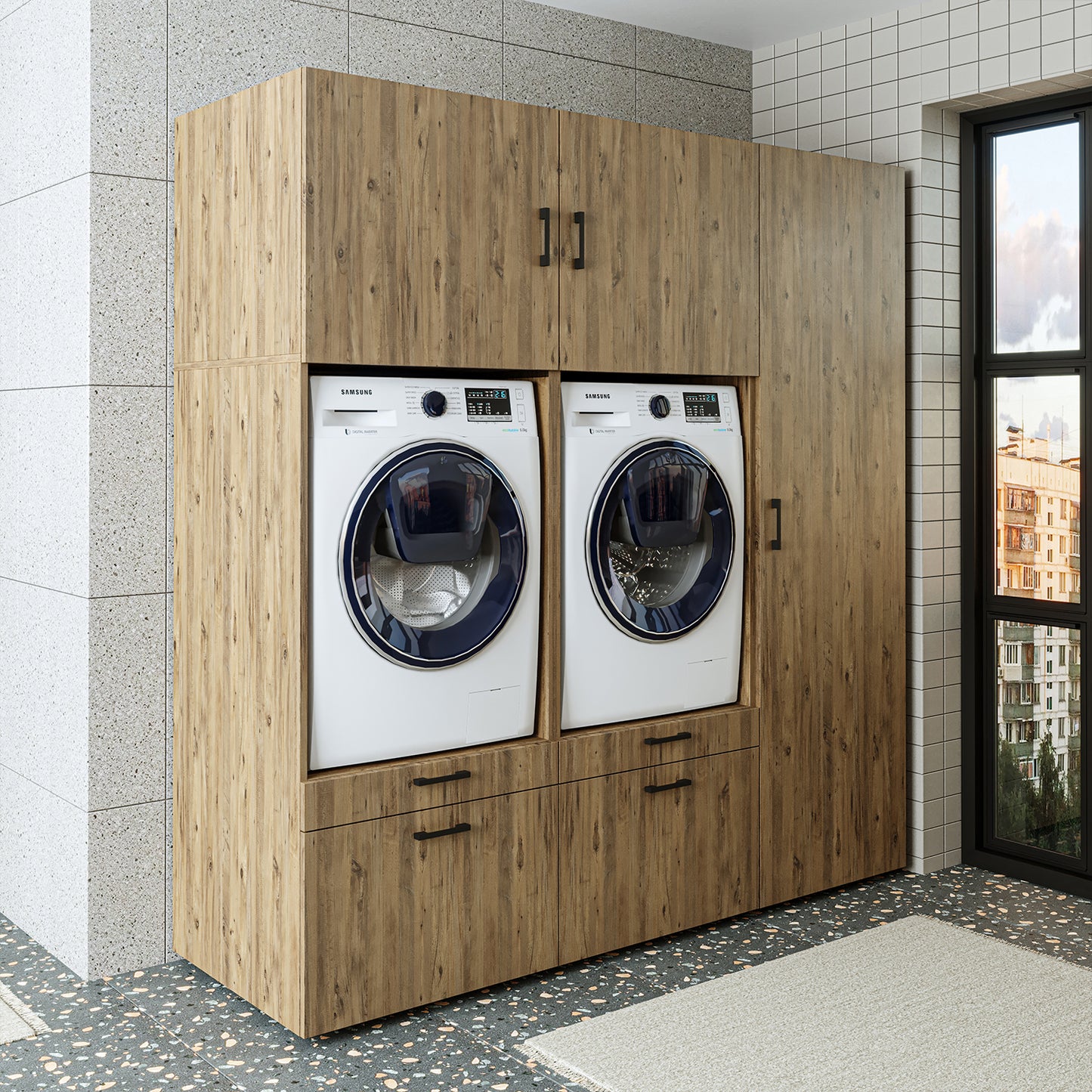 Roomart Waschmaschinenschrank Doppelschrank – SERIE 2 – 194 cm breit, Überbauschrank für Waschküche & Hauswirtschaftsraum – 205 cm hoch – mit Ausziehbrett & Schubladen – in 3 Farben