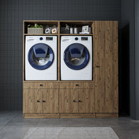Roomart Waschmaschinenschrank Doppelschrank SERIE 3 – 179 cm breit, 2× Waschmaschine nebeneinander mit Ausziehbrett & Hochschrank – Waschküche & Hauswirtschaftsraum – Eiche / Schwarz-Eiche / Weiß