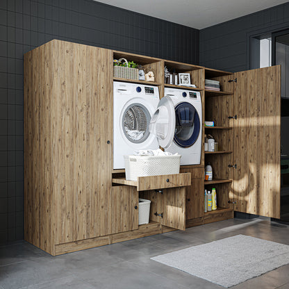 Roomart Waschmaschinenschrank SERIE 3 – 194 cm breit, 2× Waschmaschine nebeneinander mit Ausziehbrett & Hochschrank – Waschküche & Hauswirtschaftsraum – Eiche / Schwarz-Eiche / Weiß