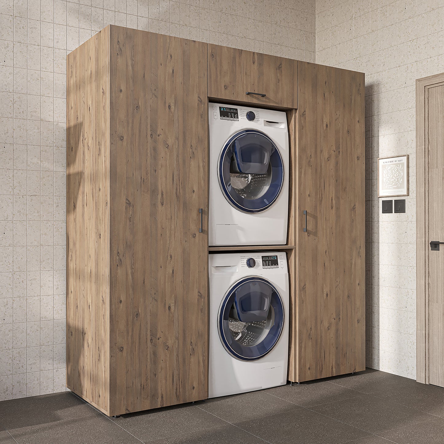 Roomart DUO-I Schrankwand 187 cm – Waschmaschine & Trockner übereinander & Hochschrank | in 3 Farben
