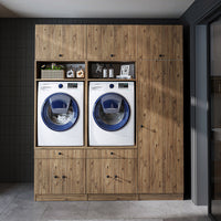 Roomart Schrankwand für Waschküche & Hauswirtschaftsraum - SERIE 1 - 114 cm breit, mit Ausziehbrett & Stauraum, Waschmaschinen-Schrankkombination, in 3 Farben (Weiß, Schwarz-Eiche)