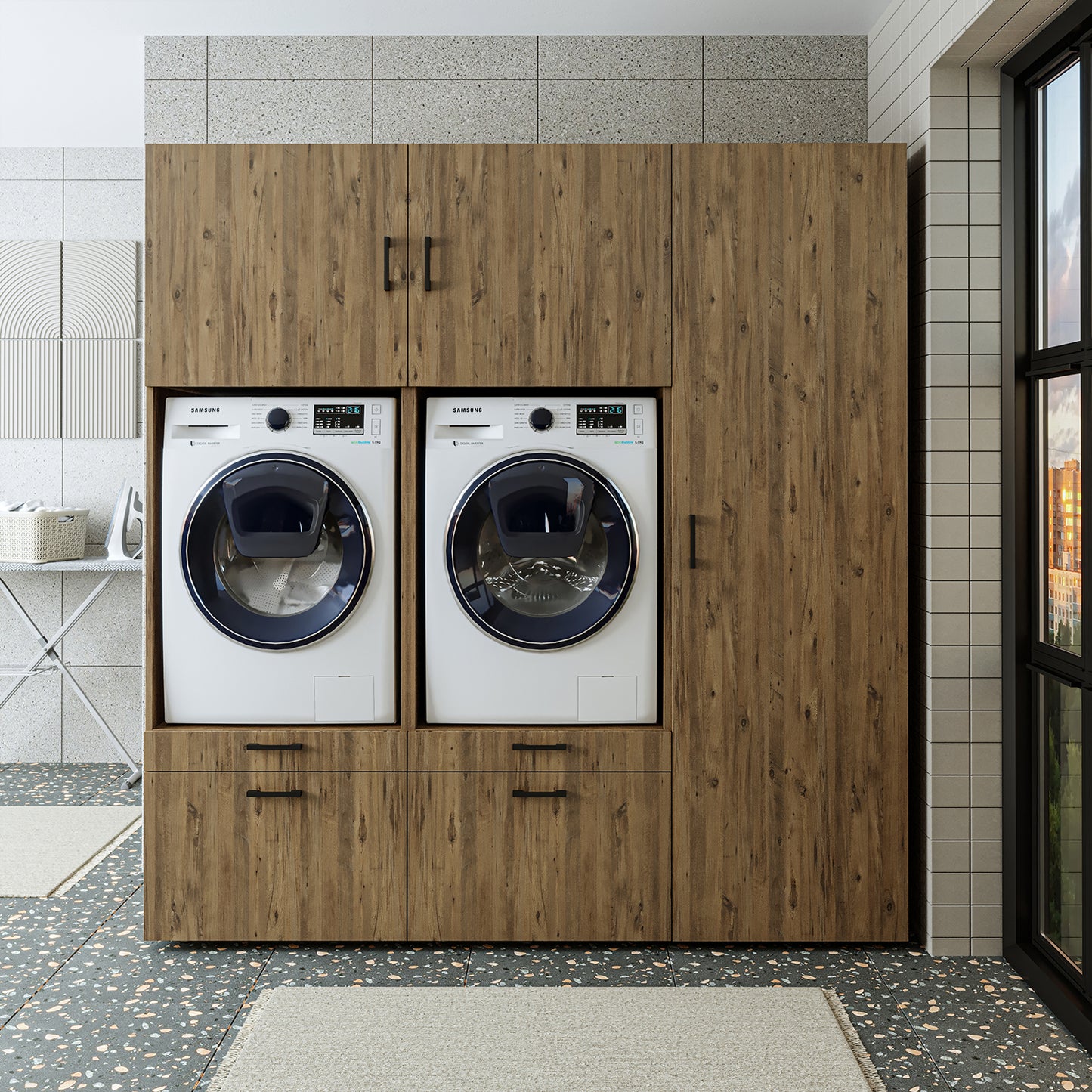 Roomart Schrankwand für Waschküche & Hauswirtschaftsraum, in 3 Farben, Mit  Schubladen und Ausziehbrett • Weiß • Schwarz eiche