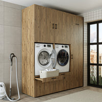 Roomart Waschmaschinenschrank Doppelschrank – SERIE 2 – Überbauschrank für Waschküche & Hauswirtschaftsraum – mit Ausziehbrett & Schubladen – in 3 Farben