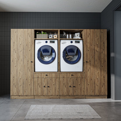 Roomart Waschmaschinenschrank SERIE 3 – 194 cm breit, 2× Waschmaschine nebeneinander mit Ausziehbrett & Hochschrank – Waschküche & Hauswirtschaftsraum – Eiche / Schwarz-Eiche / Weiß
