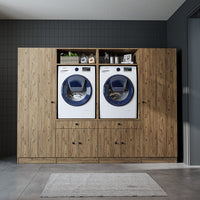 Roomart Waschmaschinenschrank SERIE 3 – 194 cm breit, 2× Waschmaschine nebeneinander mit Ausziehbrett & Hochschrank – Waschküche & Hauswirtschaftsraum – Eiche / Schwarz-Eiche / Weiß