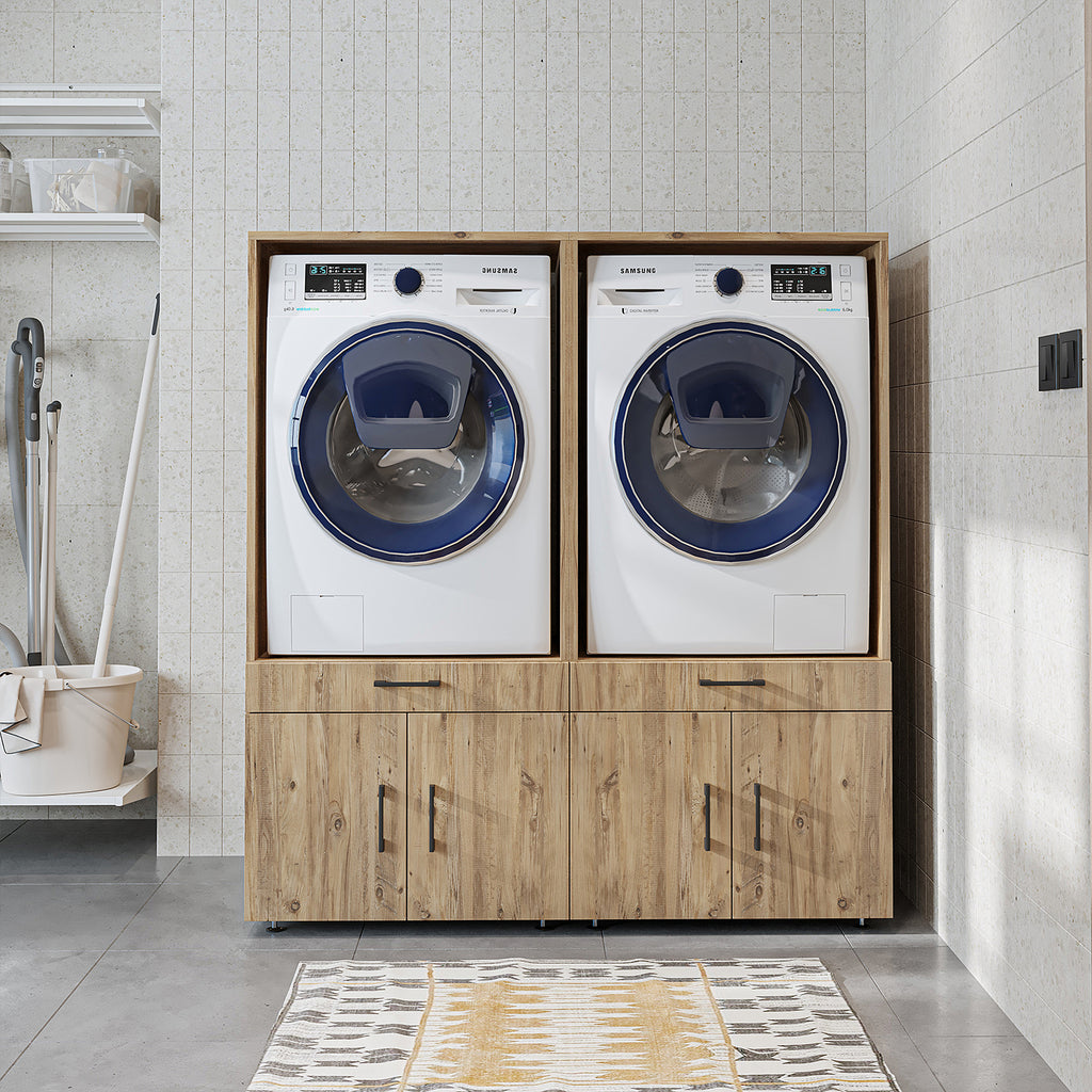 Roomart Waschmaschinenschrank - SERIE 3 –  134 cm breit, Doppelschrank Überbauschrank, mit Ausziehbrett, Waschturm für Waschmaschine & Trockner, in 3 Farben