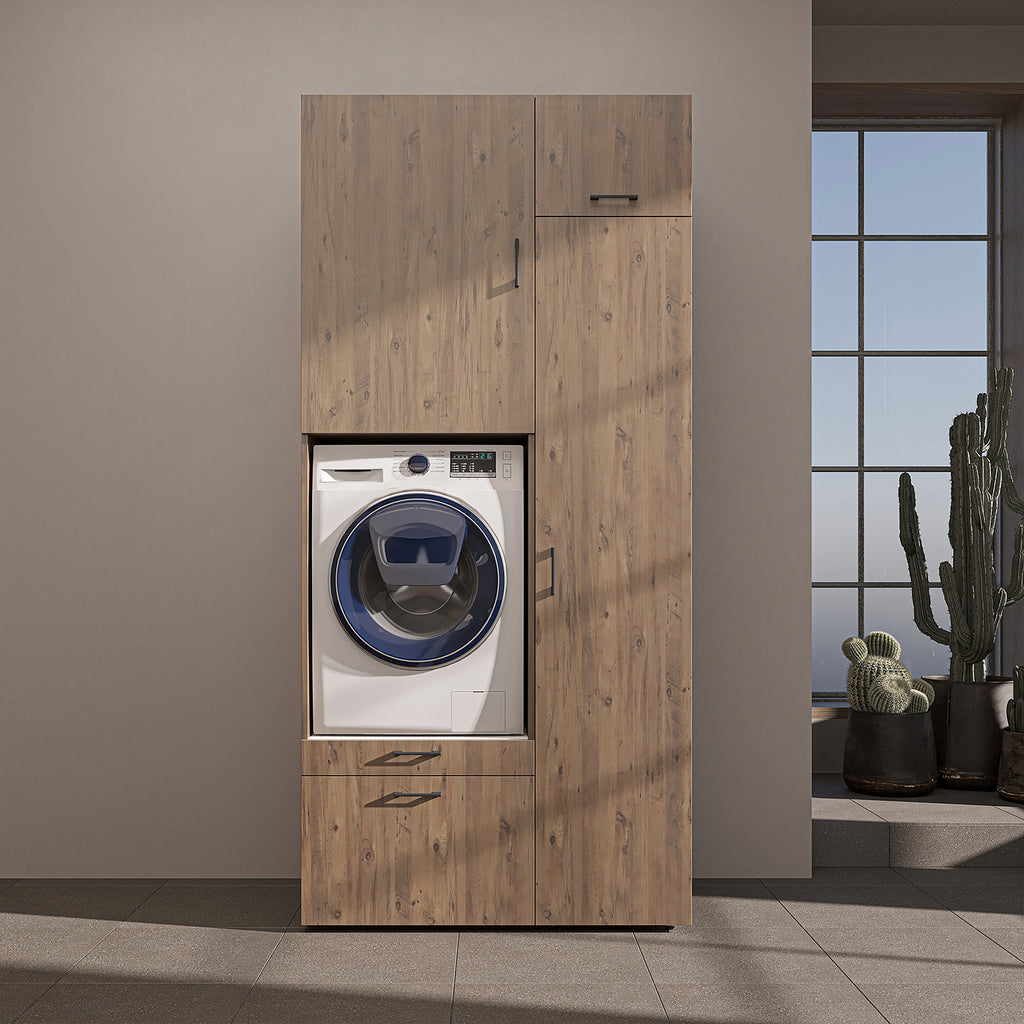 Roomart Waschmaschinenschrank mit Ausziehbrett, 112 cm breit - SERIE 2  – Waschmaschinenüberbau für Waschmaschine & Trockner, Waschturm-Schrank mit Stauraum für Bad & Waschküche