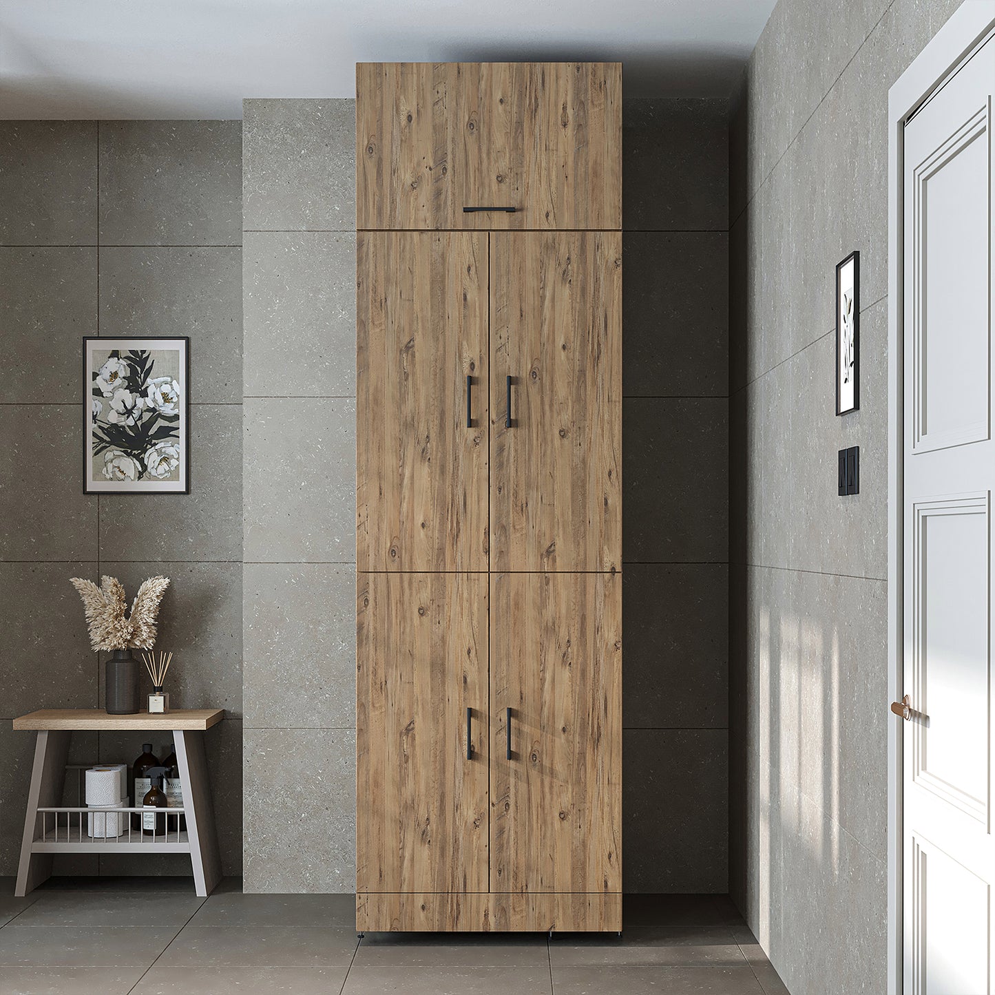 Roomart Waschmaschinenschrank „DORA“ für Waschmaschine & Trockner mit Regalböden, in 5 Farben • Weiß • Weiß Eiche • Anthrazit Eiche • Eiche • Schwarz-Eiche