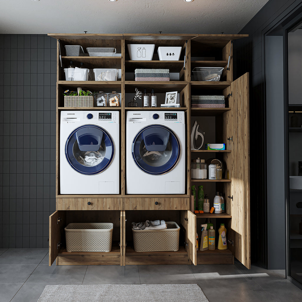 Mueble de pared Roomart para lavadero y cuarto de servicio, en 3 colores, 179 cm de ancho, Con estante extraíble - Blanco - Roble negro mueble para lavadora, estante para lavadora, torre de lavado, mueble, blanco, lavadoras, mueble bajo, lavadora, secadora, haush