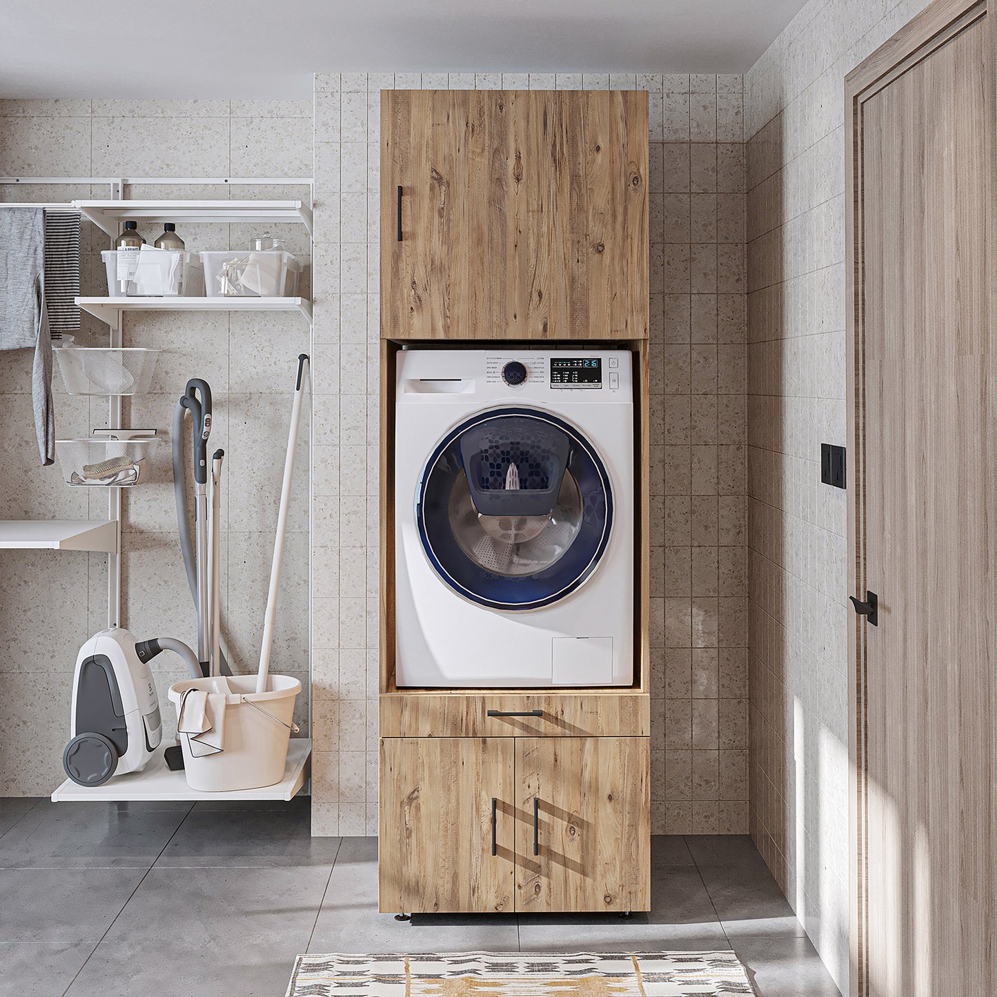 Roomart A3+B1 Waschmaschinenschrank 205 cm – Überbau, Ausziehbrett, Schublade | 3 Farben