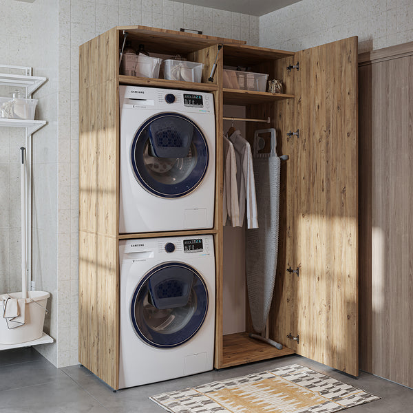 Roomart Waschmaschinenschrank SERIE DUO-II-  127 cm breit, Trockner auf Waschmaschine, mit Stauraum & Türen – Waschmaschinen-Überbauschrank für Waschküche & Hauswirtschaftsraum – Weiß / Eiche