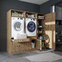 Roomart Waschmaschinenschrank SERIE 3 – 194 cm breit, 2× Waschmaschine nebeneinander mit Ausziehbrett & Hochschrank – Waschküche & Hauswirtschaftsraum – Eiche / Schwarz-Eiche / Weiß