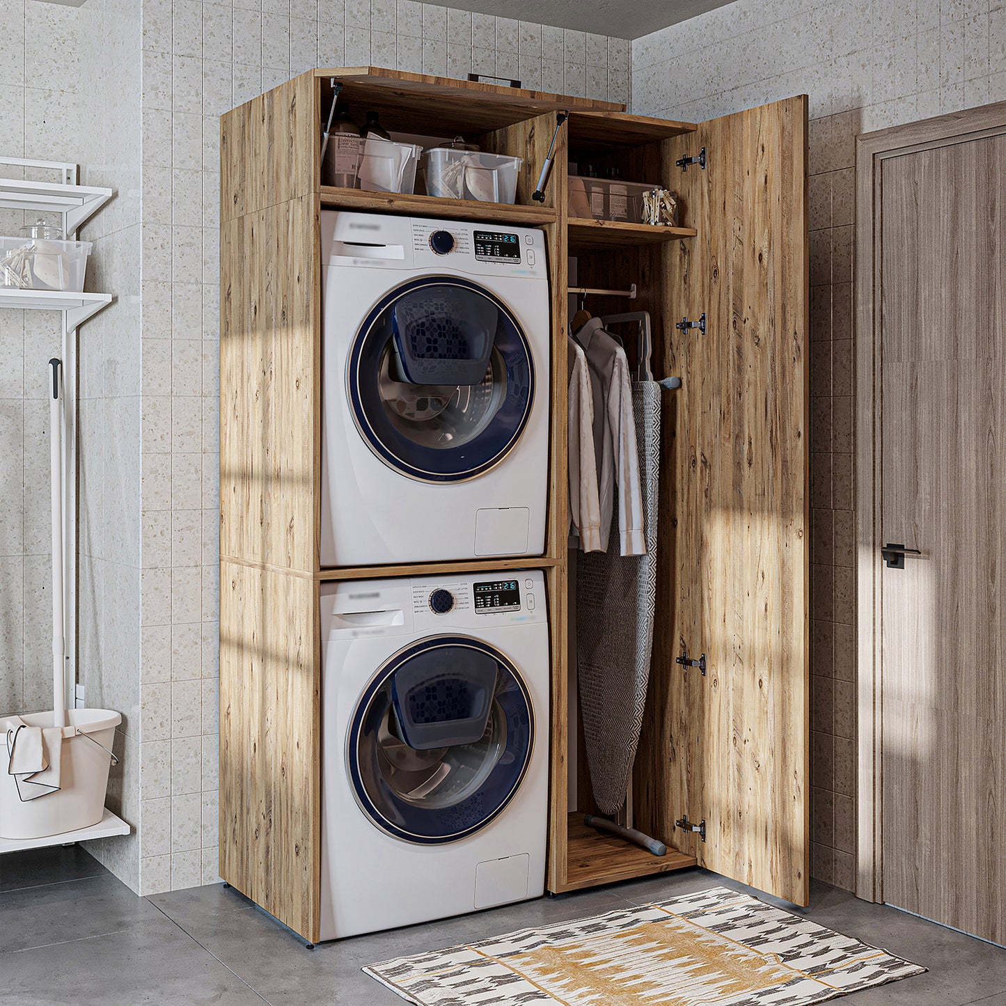 Roomart DUO-I Waschmaschinenschrank 112 cm – für Waschmaschine & Trockner + Hochschrank | in 2 Farben