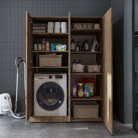 Roomart Waschmaschinenschrank „DORA 130 cm Breit“ für Waschmaschine & Trockner mit Regalböden, in 5 Farben • Weiß • Weiß Eiche • Anthrazit Eiche • Eiche • Schwarz Eiche (Kopie)