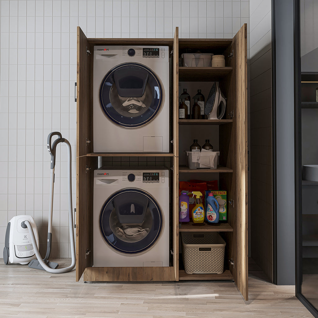 Roomart Waschmaschinenschrank „DORA 115 cm Breit“ für Waschmaschine & Trockner mit Regalböden, in 5 Farben • Weiß • Weiß Eiche • Anthrazit Eiche • Eiche • Schwarz Eiche