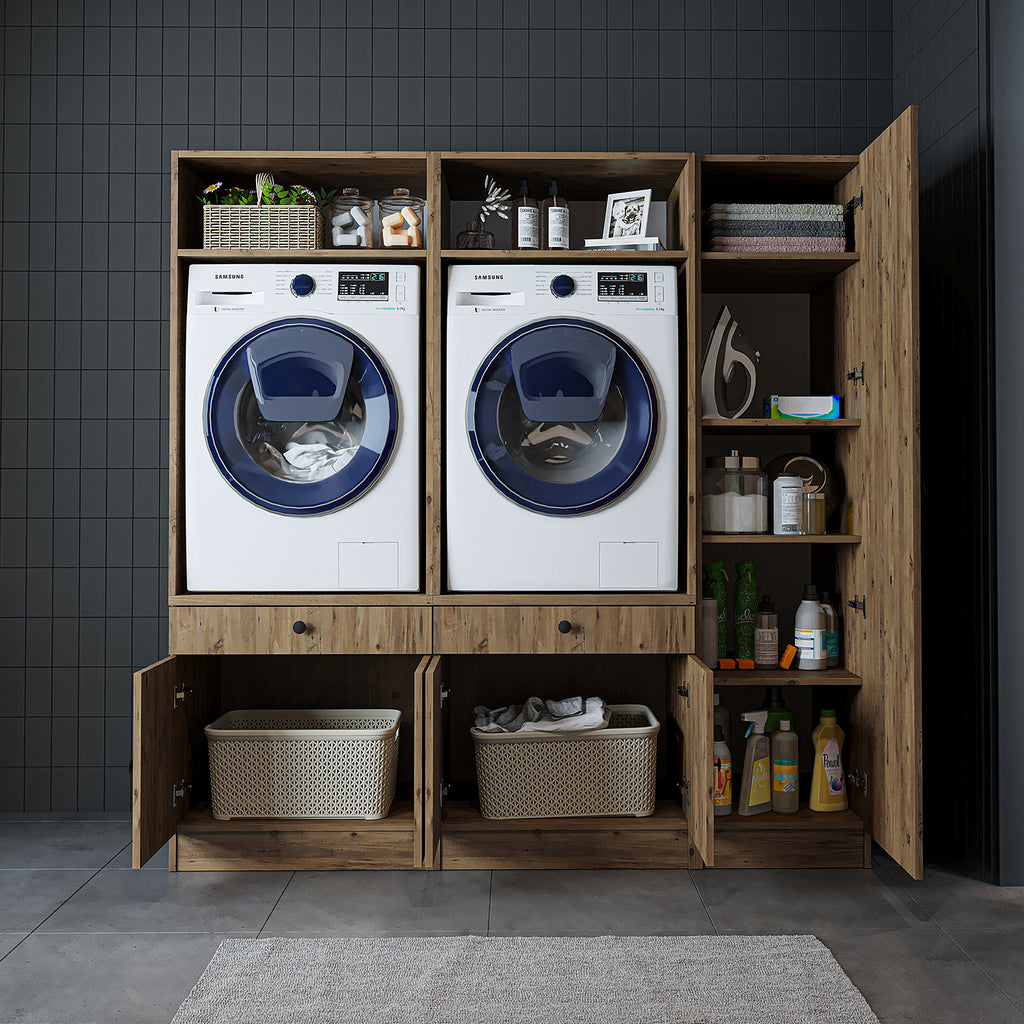 Mueble de pared Roomart para lavadero y cuarto de servicio, en 3 colores, 179 cm de ancho, Con estante extraíble - Blanco - Roble negro mueble para lavadora, estante para lavadora, torre de lavado, mueble, blanco, lavadoras, mueble bajo, lavadora, secadora, haush