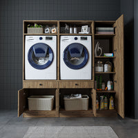 Mueble de pared Roomart para lavadero y cuarto de servicio, en 3 colores, 179 cm de ancho, Con estante extraíble - Blanco - Roble negro mueble para lavadora, estante para lavadora, torre de lavado, mueble, blanco, lavadoras, mueble bajo, lavadora, secadora, haush
