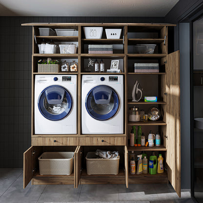 Roomart Schrankwand für Waschküche & Hauswirtschaftsraum - SERIE 1 - 114 cm breit, mit Ausziehbrett & Stauraum, Waschmaschinen-Schrankkombination, in 3 Farben (Weiß, Schwarz-Eiche)