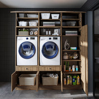 Roomart Schrankwand für Waschküche & Hauswirtschaftsraum - SERIE 1 - 114 cm breit, mit Ausziehbrett & Stauraum, Waschmaschinen-Schrankkombination, in 3 Farben (Weiß, Schwarz-Eiche)