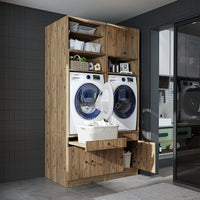 Roomart Waschmachinen Doppelschrrank Überbauschrank, mit Ausziehbrett, in 3 Farben, HBT: 230 x134x67 cm - waschmaschinenschrank, waschmaschinenregal, waschturm, schrank, weiß, waschmaschinen, unterschrank, waschmaschine, trockner, haushaltsschrank, schrän