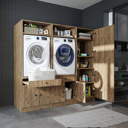 Roomart Schrankwand für Waschküche & Hauswirtschaftsraum - SERIE 1 - 114 cm breit, mit Ausziehbrett & Stauraum, Waschmaschinen-Schrankkombination, in 3 Farben (Weiß, Schwarz-Eiche)