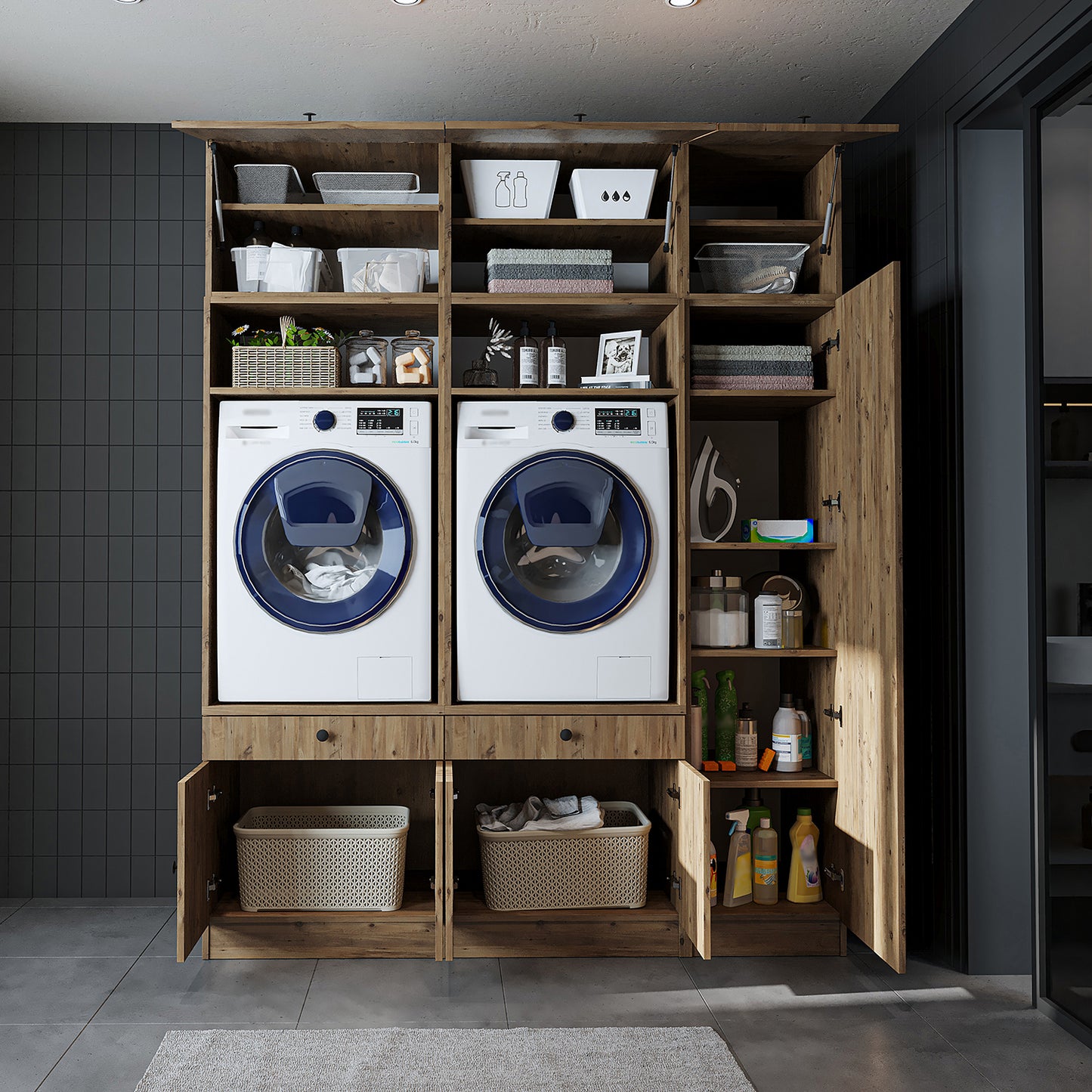 Roomart Waschmaschinenschrank SERIE 3 – 179 cm breit, 2× Waschmaschine nebeneinander mit Klappschrank, Ausziehbrett & Hochschrank – Waschküche & Hauswirtschaftsraum – Eiche / Schwarz-Eiche / Weiß