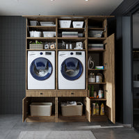 Roomart Waschmaschinenschrank SERIE 3 – 179 cm breit, 2× Waschmaschine nebeneinander mit Klappschrank, Ausziehbrett & Hochschrank – Waschküche & Hauswirtschaftsraum – Eiche / Schwarz-Eiche / Weiß