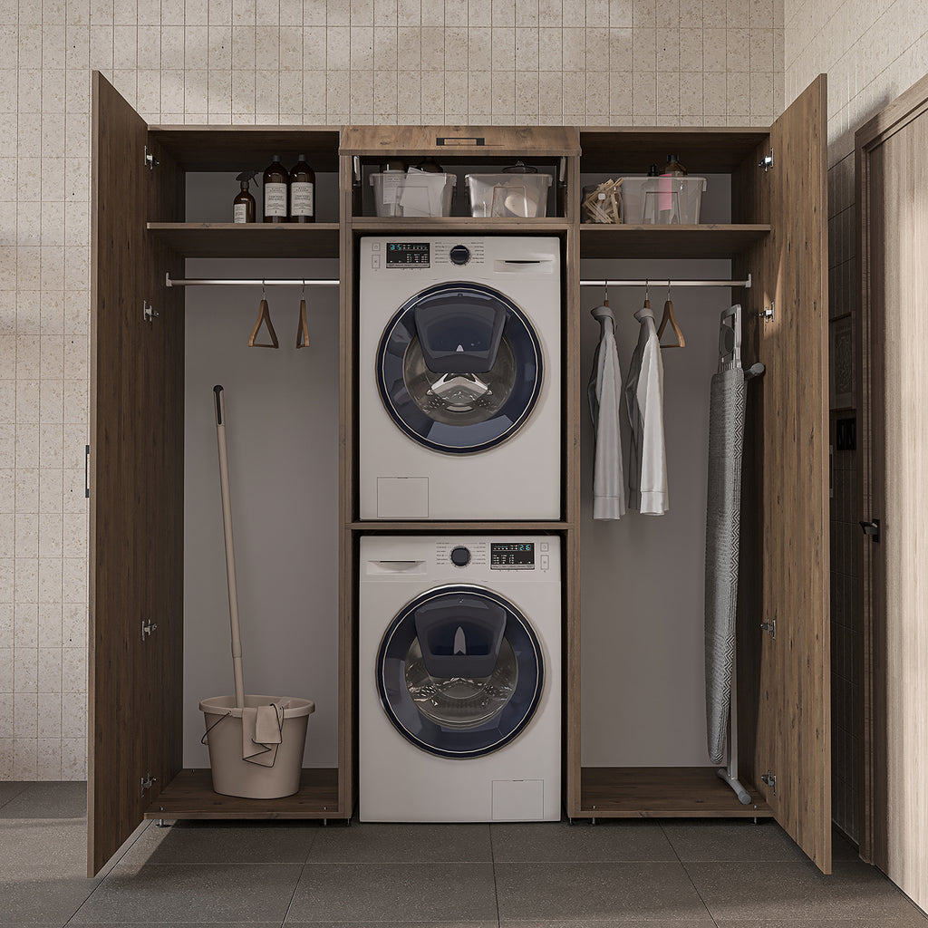 Roomart DUO-I Schrankwand 187 cm – Waschmaschine & Trockner übereinander & Hochschrank | in 3 Farben