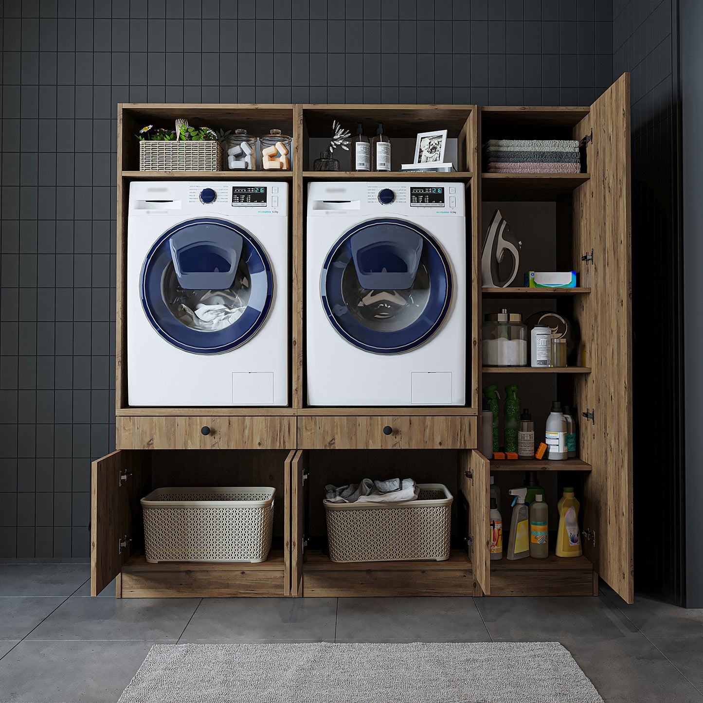 Roomart Waschmaschinenschrank Doppelschrank SERIE 3 – 179 cm breit, 2× Waschmaschine nebeneinander mit Ausziehbrett & Hochschrank – Waschküche & Hauswirtschaftsraum – Eiche / Schwarz-Eiche / Weiß