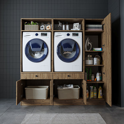 Roomart Waschmaschinenschrank Doppelschrank SERIE 3 – 179 cm breit, 2× Waschmaschine nebeneinander mit Ausziehbrett & Hochschrank – Waschküche & Hauswirtschaftsraum – Eiche / Schwarz-Eiche / Weiß