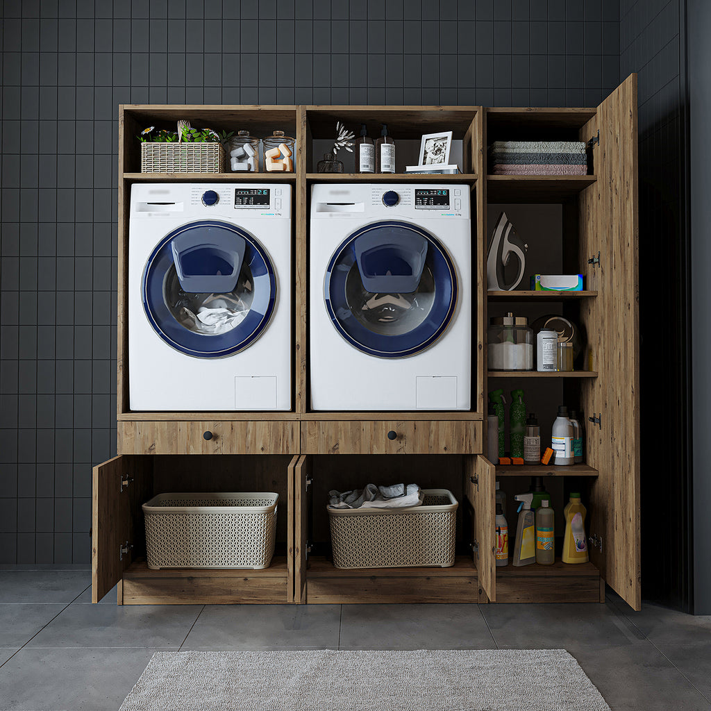 Roomart Waschmaschinenschrank Doppelschrank SERIE 3 – 179 cm breit, 2× Waschmaschine nebeneinander mit Ausziehbrett & Hochschrank – Waschküche & Hauswirtschaftsraum – Eiche / Schwarz-Eiche / Weiß
