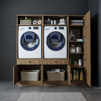 Roomart Waschmaschinenschrank Doppelschrank SERIE 3 – 179 cm breit, 2× Waschmaschine nebeneinander mit Ausziehbrett & Hochschrank – Waschküche & Hauswirtschaftsraum – Eiche / Schwarz-Eiche / Weiß