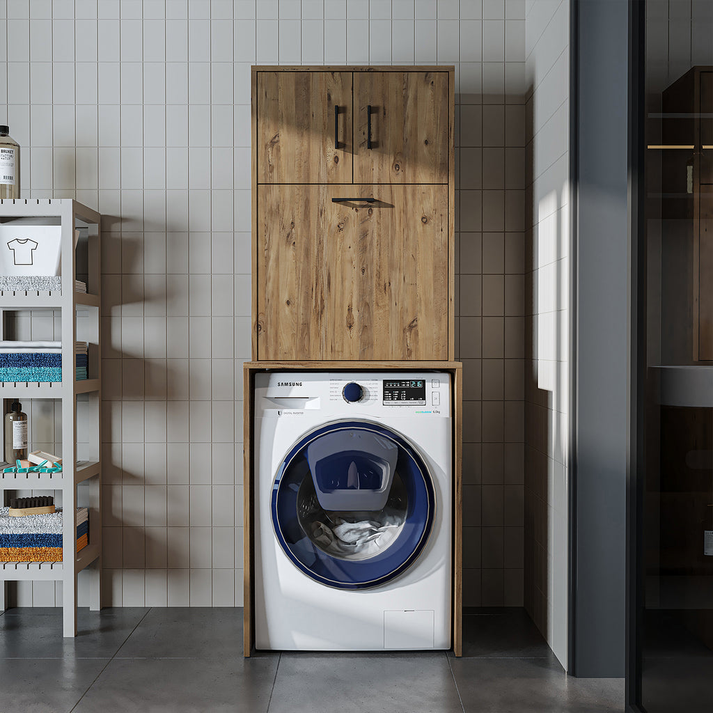 Roomart, Waschmaschinenschrank LUNA, Waschmaschinenüberbau mit Wäschekorb, BHT: 65 X 181 X 65 cm, in Weiß, Eiche, Anthrazit Eiche, Eiche - waschmaschinenschrank, waschmaschinenregal, waschturm, schrank, weiß, waschmaschinen, unterschrank, waschmaschine, t