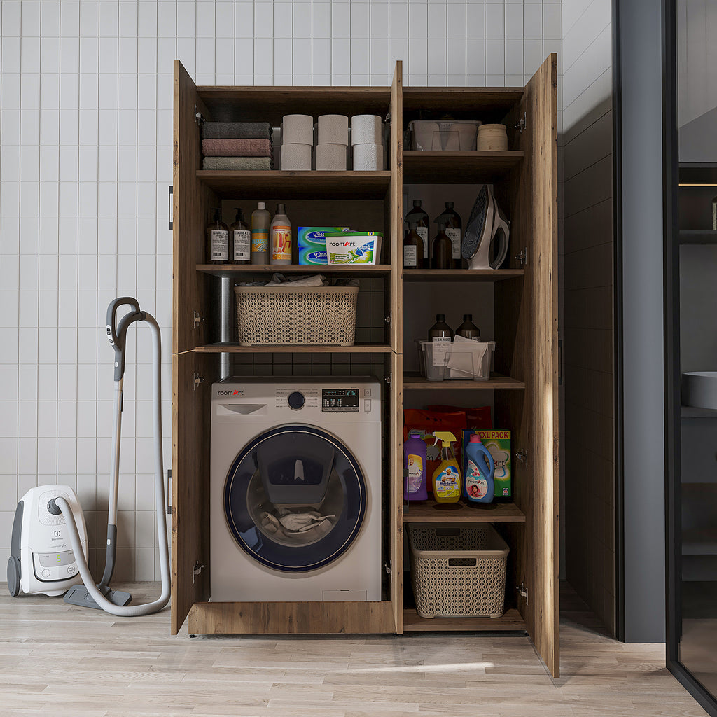 Roomart Waschmaschinenschrank „DORA 115 cm Breit“ für Waschmaschine & Trockner mit Regalböden, in 5 Farben • Weiß • Weiß Eiche • Anthrazit Eiche • Eiche • Schwarz Eiche